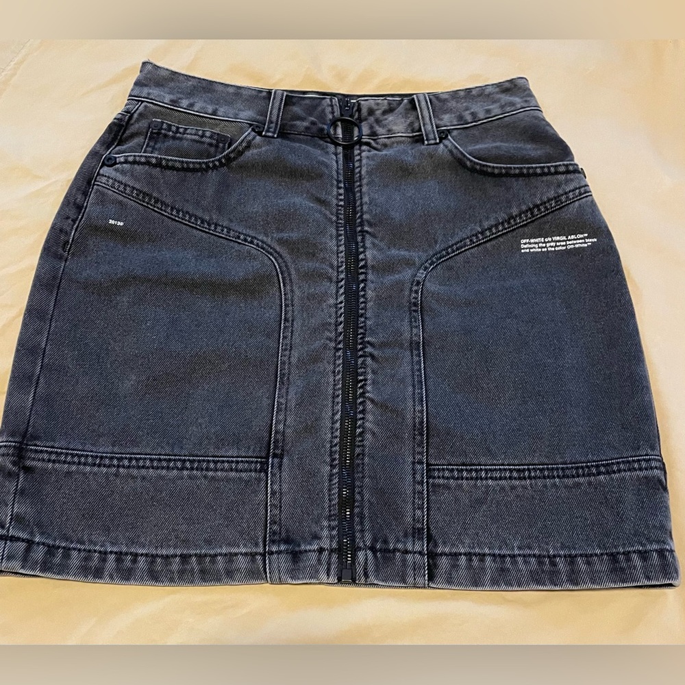 Off- White Acid Wash Black Dark Grey Denim Zipper front Mini Skirt 42(EU)